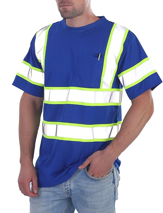 sesafety High Visibility Shirts for Mens Class 3 Hi Vis Reflective Construction Shirts for Men with Pocket Safety T Shirts for Men Work Shirt for Mens Short Sleeve Blue Yellow Strips 5XL
