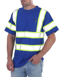 sesafety High Visibility Shirts for Mens Class 3 Hi Vis Reflective Construction Shirts for Men with Pocket Safety T Shirts for Men Work Shirt for Mens Short Sleeve Blue Yellow Strips M