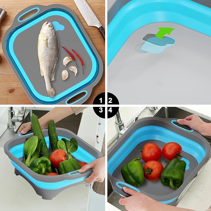 Collapsible Cutting Board,HI NINGER Camping cutting board with knife,Multifunctional Kitchen Vegetable Washing Basket Silicone Dish Tub for Camping Kitchen essentials/bbq prep tub/rv accessories