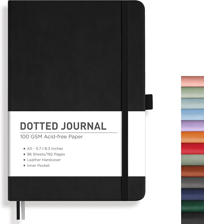 RETTACY Dotted Journal Notebook, 192 Pages, A5 Medium Size | Leather Hardcover by RETTACY