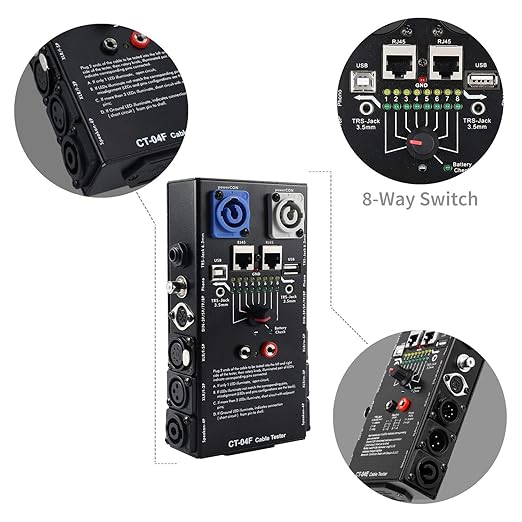 MFL. 13-Plug Audio Cable Tester Line Finder Black 13-in-1 Cables Checker 8-Way Switch Wire Tracker with LED Indicators, Rectangular