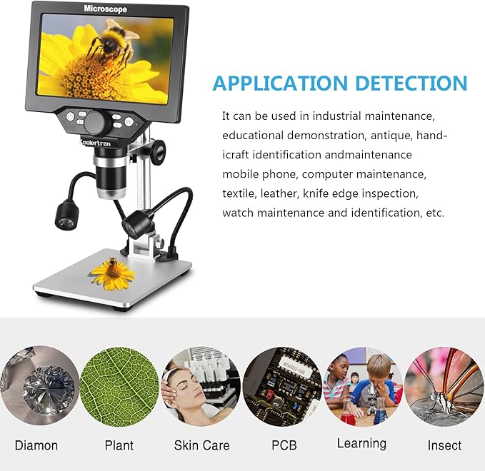 Koolertron 7" 12MP Digital Microscope, 1200X Magnification, 1080P USB Camera, 32GB TF Card, PC View, Rechargeable, LED Lights for Coin/PCB/Jewelry/Plant/Rock Inspection