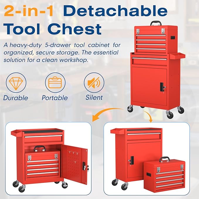 5-Drawer High Capacity Rolling Tool Chest, Removable Toolbox on Wheels Organizers, Lockable Tool Box Tool Storage Cabine with Drawers and Wheels for Workshop and Warehouse (Red)