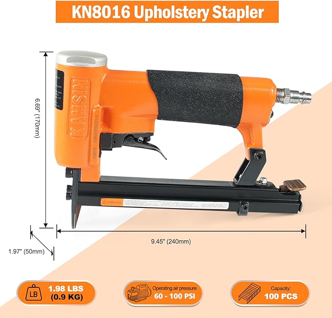 KN8016 21 Gauge Industrial Pneumatic Upholstery Stapler 1/2-Inch Crown for 1/4-Inch to 5/8-Inch Staples, Air Power Upholstery Construction Staple Gun for Home Renovation, Furniture, DIY Woodworking