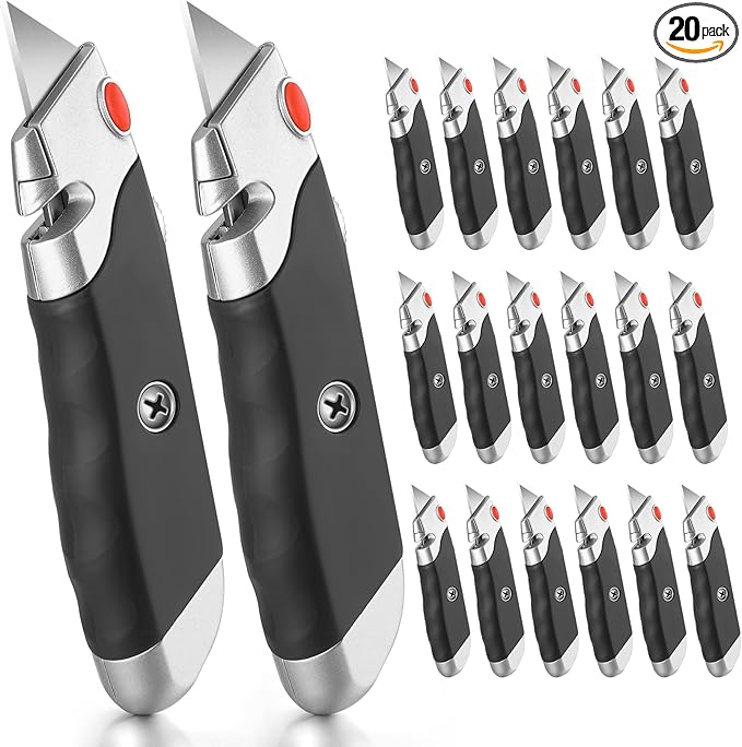 DIYSELF 20 Pack Box Cutter, Rubber Handle Utility Knife, Box Cutter Retractable Heavy Duty, Box Cutter Knife for Boxes, Cardboard, SK5 Steel Blades, Razon knife for Warehouse, Home, Box Cutters Bulk
