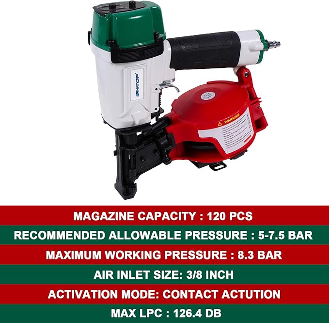 BHTOP Mexican Style CN45N Roofing Nailer, 15 Degree Roofing Nail Gun, 3/4-Inch to 1-3/4-Inch Coil Nails, 120-pcs Load Capacity Coil Naile