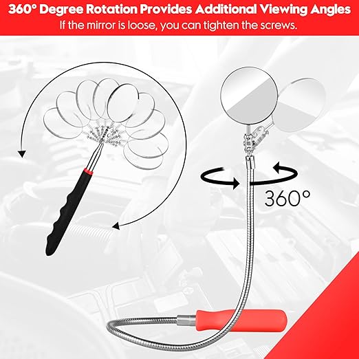 2 Pcs Inspection Mirror, Mechanics Mirror Tool with Long Handle, Round Extendable Mirror on a Stick & 360 Rotation Bendable Circular Mirror for Technicians Mechanics Contractors Checking Observation