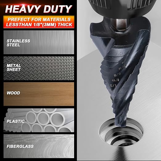 Step Drill Bits M35 Four Spirl Flute Cobalt Step Drill Bits Set 1/8"-7/8"(3pcs) Wear-Resistant TiAlN Coated,1/4" Hex Shank Drill for Metal, Stainless Steel, Aluminum, Plastic