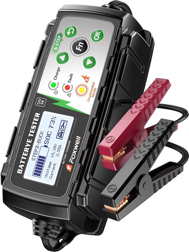 FOXWELL BC521 12V 5A Battery Charger, Tester, Trickle Charger & Desulfator, 4-in-1 Smart Automotive Battery Tool with 8-Stage Charging, Pulse Repair, Cranking & Alternator Test for Car, RV, Motorcycle