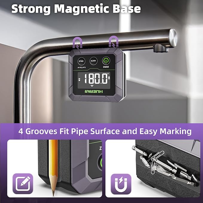 Huepar Digital Angle Finder Magnetic for Table Saw Blade, Woodworking, Bend Pipes Etc., Professional ±0.1° Accuracy Inclinometer with Calibration, 0-90 or 0-180 Digital Angle Gauge, VA LCD Display