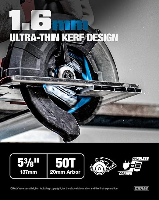 CRALY 5-3/8 Inch 50 Teeth Aluminum and Non-Ferrous Metal Cutting Circular Saw Blade, 20 mm Arbor, Carbide Tipped, Thin Kerf, Black Ice™ Coating, for Thin Aluminum, Plastic, Composite(C0550AL)