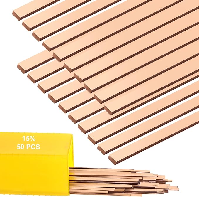 50 Sticks Brazing Rods AWS BCuP-5 15% Silver Solder Phos Copper Alloy, Industry 0.050"x 1/8"x10" Flat Welding Rods Low Melt Aluminum Welding Rod for HVAC Refrigerator Air Conditioning