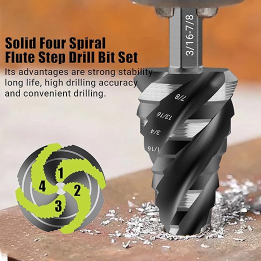 5 Pcs Four Spiral Flute Step Drill Bit Set, 6 Pcs Countersink Drill Bits with 1/4 Inch Quick Change Hex Shank, Nitriding HSS Drill Bits for Metal, Aluminum, Wood, Plastic