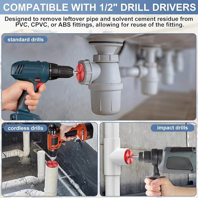9 Pcs PVC Pipe Reamer Kit, PVC Fitting Saver, Reamer Fit into Standard 1/2" Drills Contains 1/2 inch, 3/4 inch, 1 inch, 1-1/4inch,1-1/2inch, 2inch, 2 1/2 2inch, 3inch, 4inch for SCH40, ABS