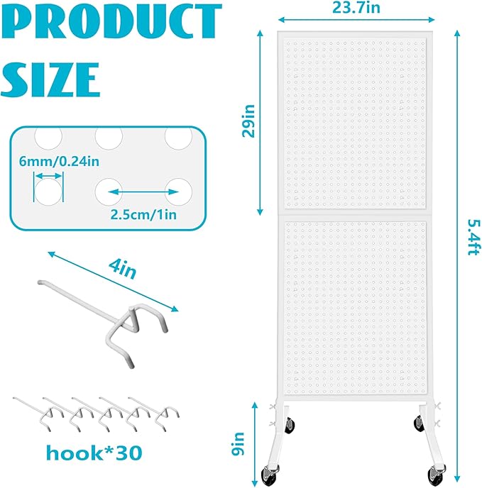 Royxen Metal Pegboard 2 x 5 Feet with 30 Hooks, Peg Board Display Stand with Wheels, Standing Pegboard Display, White