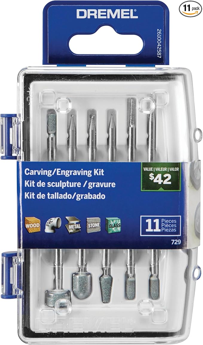 Dremel 729-01 11-Piece Carving & Engraving Rotary Tool Accessories Kit - Includes Engraving Bits & Grinding Stones- Ideal for Wood, Metal, and Glass