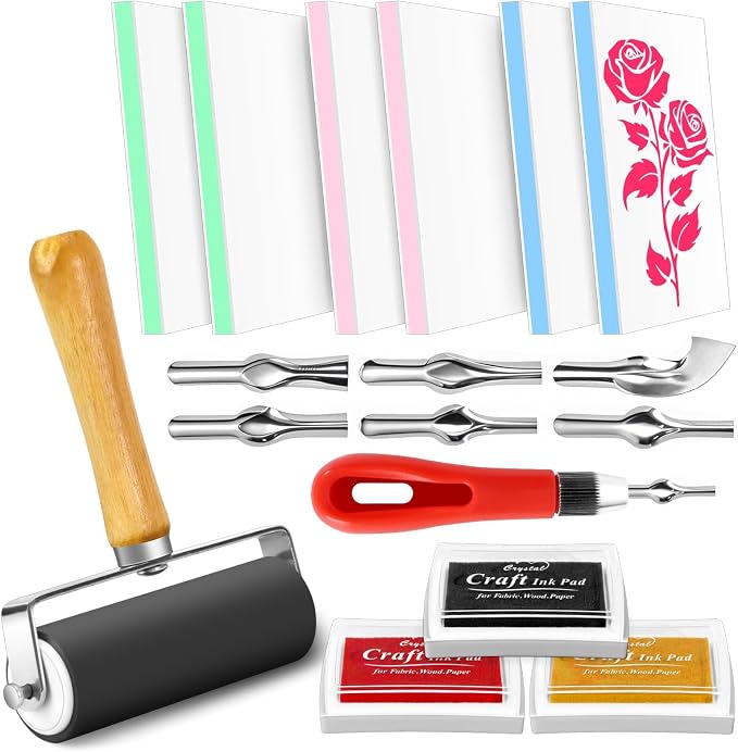 11 Pack Linoleum Block Stamp Making Kit, 3 Ink Pads, Brayer Roller & 6 Type by Oopsu