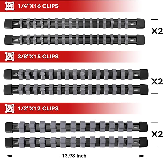 ALOANES 12-PC ABS Socket Organizer, 1/2", "3/8", "1/4" Drives, Heavy Duty Socket Racks, Black Rails with Gray Clips