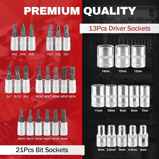 46PCS Small Drive Socket Ratchet Wrench Screwdriver Set, 1/4 Inch Metric Socket and Ratchet Wrench Set with Extension Bar, Compact Tool Set for Car