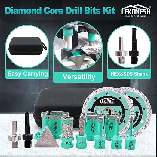 Tile Hole Saw Kit for Porcelain - (6/8/10/35/50/65mm+Finger Bit+Drilling Milling +Chamfer Bit+Adapter+Tile Blade) Diamond Drill Bits for Ceramic Marble Brick Granite,5/8"-11 Thread