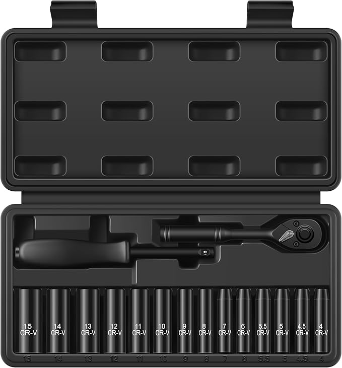 16-Piece 1/4" Drive Socket Set, Metric (4mm-15mm), Deep Sockets, 72-Tooth Ratchet Wrench, Drive Spinner Handle, 6 Point Design, Cr-V