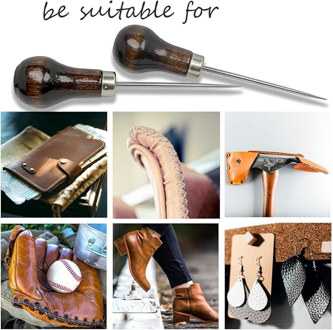 4 Pcs Scratch Awl Tool, with Gourd Shape Wooden Handle, Leather Awl Punch Tool,Tailors Awl, for Sewing Punching Stitching, Gourd Awl Repair Tool for Leather Craft Cloth