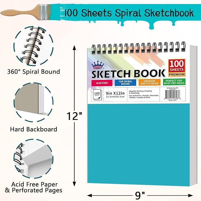 WINNER 9" x 12" Sketch Book 4 Pack, 400 Sheets Spiral Bound Art Sketchbook - Image 2