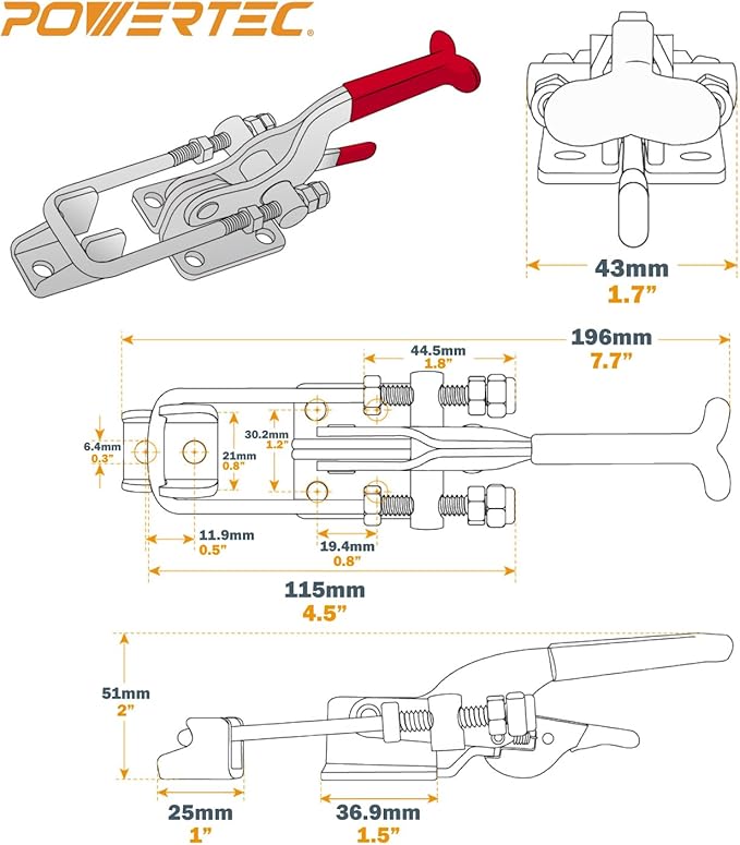 POWERTEC 6PK Toggle Clamp, 700 lbs Capacity, 431 Self-Lock U-Bolt Adjustable Latch w/Antislip Hand Grip for Woodworking Jigs & Fixtures, Smoker, Tire Carrier, Tool Box, Cabinet (20341-P3)
