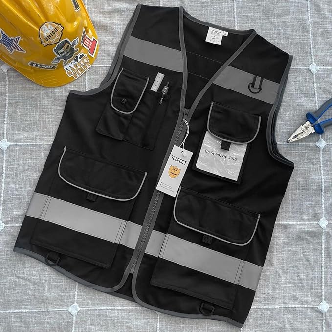 TCCFCCT High Visibility Safety Vest for Men Women 9 Pockets Hi Vis Reflective Vest for Safety, Work Vest with Reflective Strips, Meets ANSI/ISEA Standards, (Black, 4X-Large)