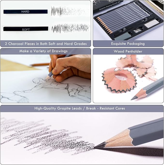 HNIHUY Professional Sketch Pencils Set, Graphite Pencils, Erasers and Sharpener - Image 4