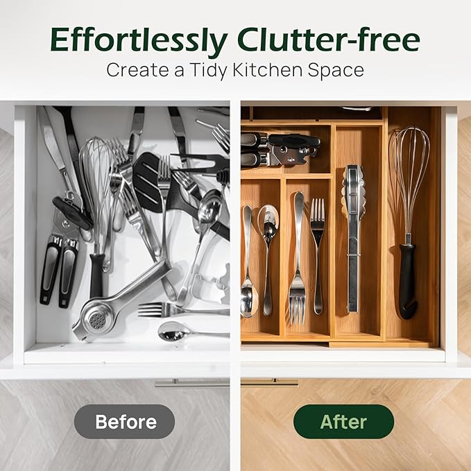Carbonized Bamboo Kitchen Drawer Organizer, 8-10 Slots Expandable Silverware Organizer, Utensil Holder & Cutlery Tray, 2.2" Deep for Extra Capacity, Non-Slip Feet Included
