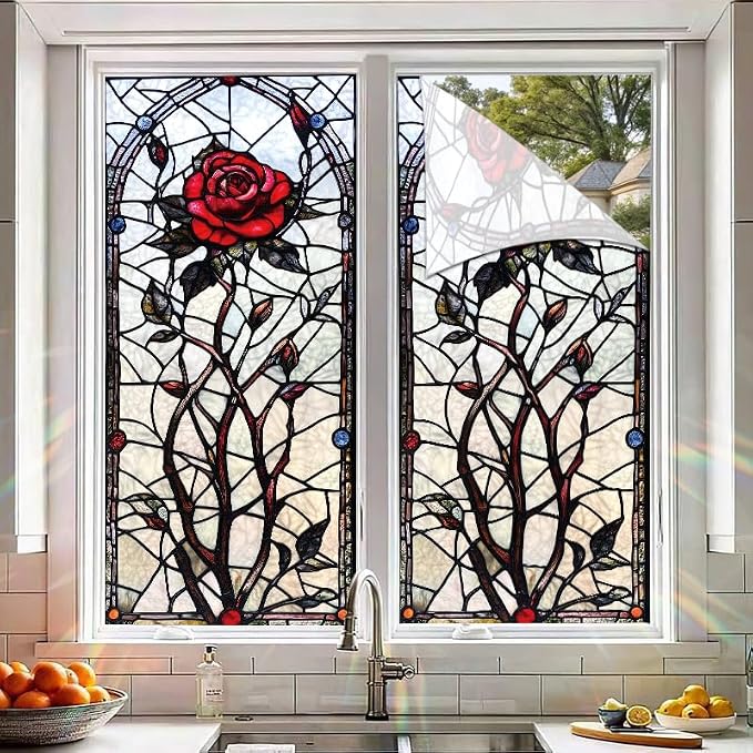 Gothic Rose Stained Glass Window Film 17.71x39.97 Inch Red Flower Static Cling - Image 5