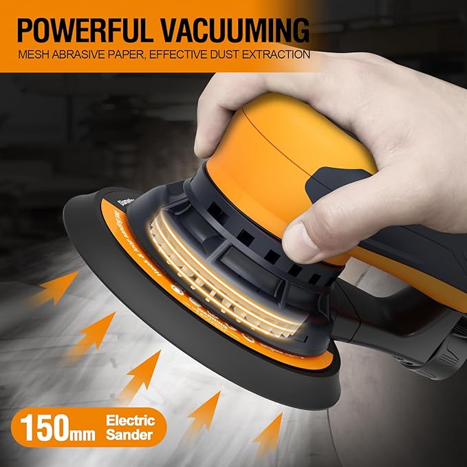 5mm Random Orbit Sander 350W, Brushless Motor, Variable Speed Electric Orbit Sander 4000-10000RPM, Sanders for Woodworking, Automatic Brake-2s, Includes 6" Backing Plate, 10 Sandpaper, 16.5FT Cable