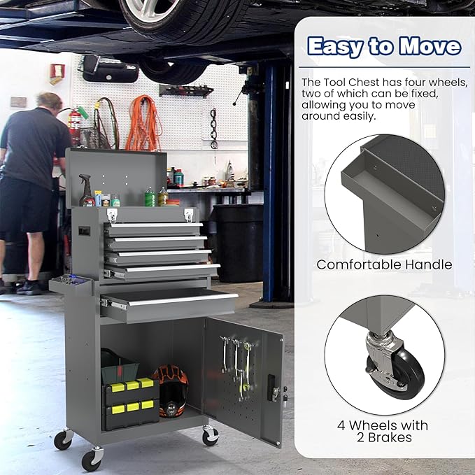 Rolling Tool Box with Wheels, 5-Drawer High Capacity Tool Chest with Wheels, Removable Storage Toolbox with Lock for Garage, Workshop