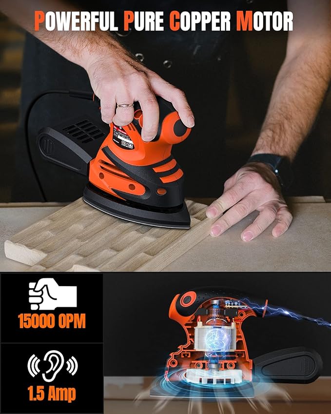 Detail Sander, 1.5A 15000 OPM Electric Sander with 24pcs Sandpapers, Efficient Dust Collection System & Detail Finger Attachment, Soft Grip Handle, Compact Hand Sander for Woodworking