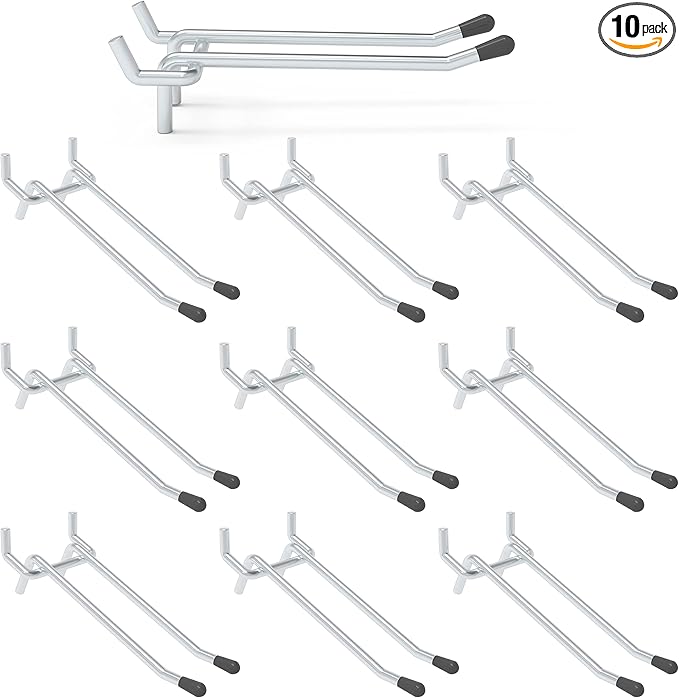 HUHOLE Double Arm Pegboard Hooks 6 Inch 10PC, Fit 1/4" Pegboard, Ideal Peg Board Tool Utility Hooks for Garage Organization, Wall Storage, Heavy Duty Tool Holder with Protecting Tip