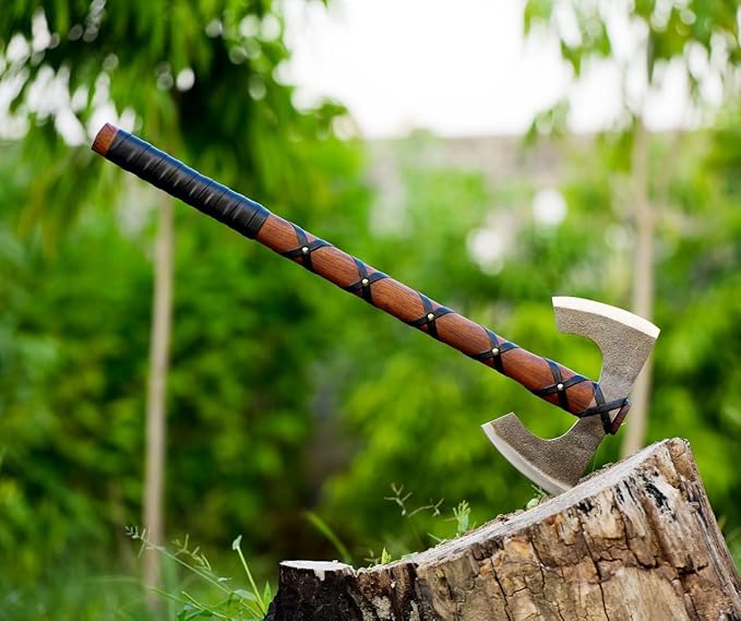 Double-Headed Viking Battle Axe with Leather Sheath, Hand Forged Steel, Wooden Handle, Camping, Hinking, Hunting, Gift, Hatchet Axe