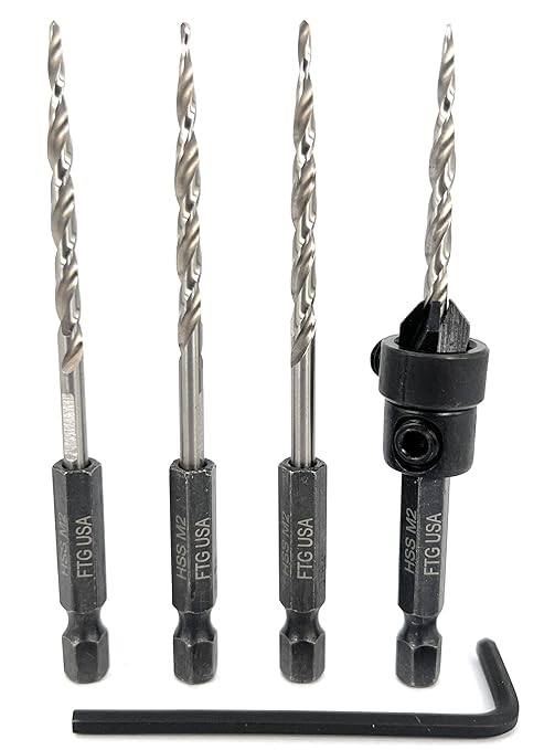 FTG USA Adjustable Wood Countersink Drill Bit #6 (9/64") with 3 Tapered Drill Bits for Woodworking