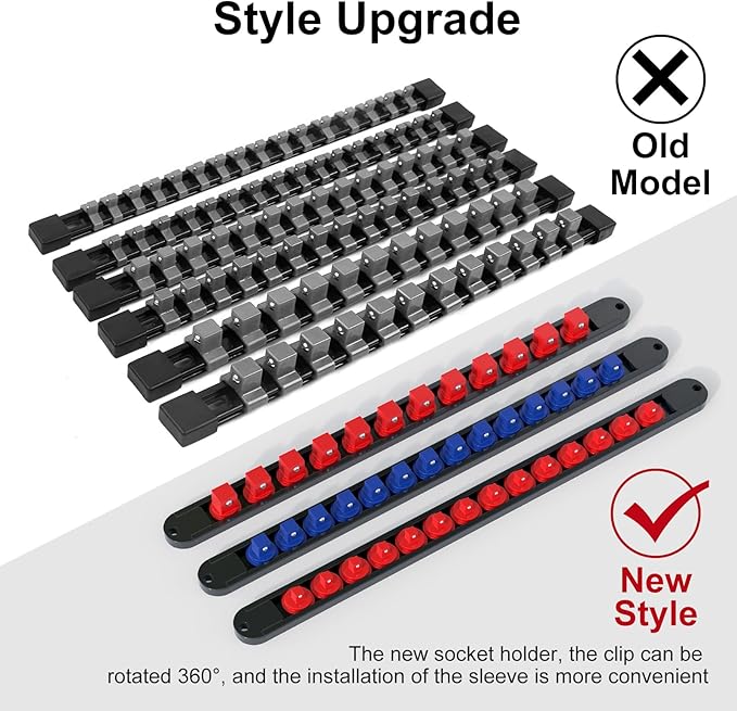 FIVEPEARS 6PCS 360° Socket Organizer Twist Lock,3/8 1/4 1/2 Socket Storage Rails, Premium Quality Socket Holders for Tool Box ，Tool Carts，Contains up to 80 Clips (Blue & Red)