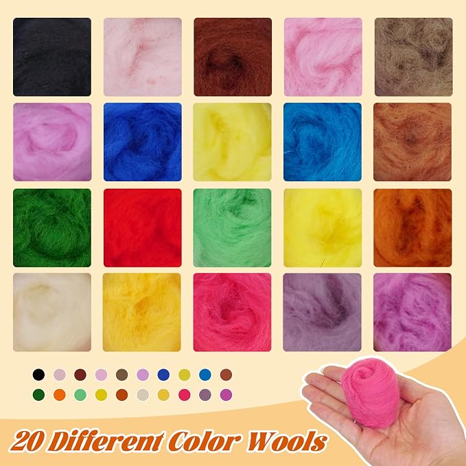 Catopia Needle Felting Kit, Wool Roving 20 Colors Set, Tools - Image 2