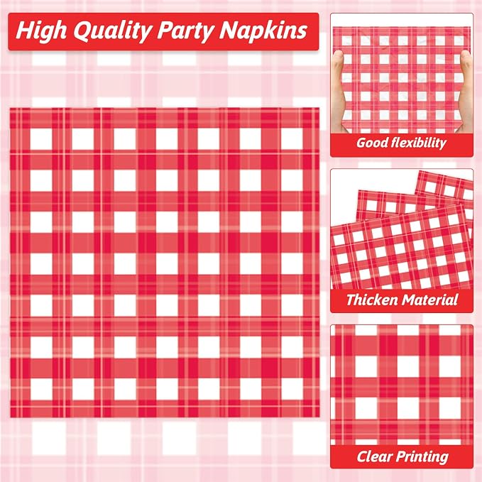 Naozinebi 200pcs Red and White Plates Napkins Checkered Plaid Paper Tableware - Image 4
