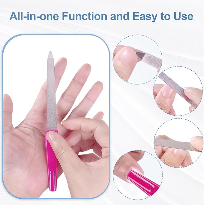 Metal Nail Files with Sharp Pointed Tip Made of Stainless Steel Non Slip Handle, Nail File Double Sided Sapphire Grit for Natural Nails Fingernails limas de uñas metálicas Color Pink (6 Pcs)