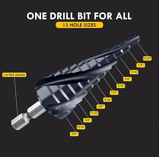 𝗠𝗔𝗖𝗫𝗖𝗢𝗜𝗣 𝗙𝗼𝘂𝗿 𝗦𝗽𝗿𝗶𝗮𝗹 𝗙𝗹𝘂𝘁𝗲 M35 Cobalt Step Drill Bit, 3/16"-7/8" Ultra 𝗧𝗶𝗔𝗜𝗡 Coated, 1/4" Hex Shank Drill Bit for Metal, Stainless Steel, Aluminum, Copper, Wood, PVC