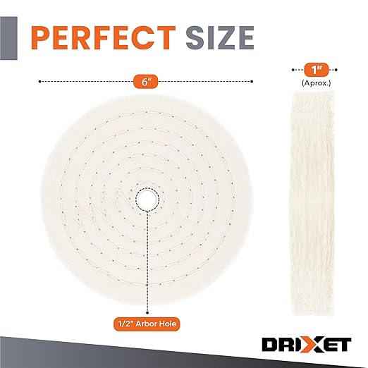 Buffing Wheels for Bench Grinder - 6 Inch Extra Thick Buffing Wheel Fine Cotton Sewn Rigid Treated Spiral with a 1/2” Center Arbor Hole - 80 Ply Polishing Wheel for Bench Grinder (2 Pack)–by Drixet