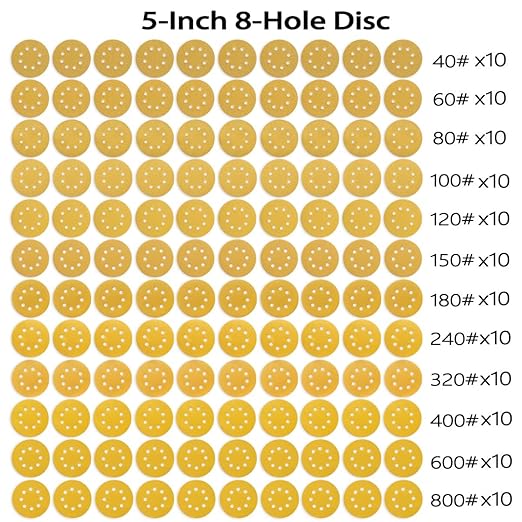 110PCS 5 Inch 8 Hole Sanding Discs,Gold Round Hook and Loop Sandpaper for Random Orbital Sander(60 80 100 120 150 180 240 320 400 600 800 Mix Grit)