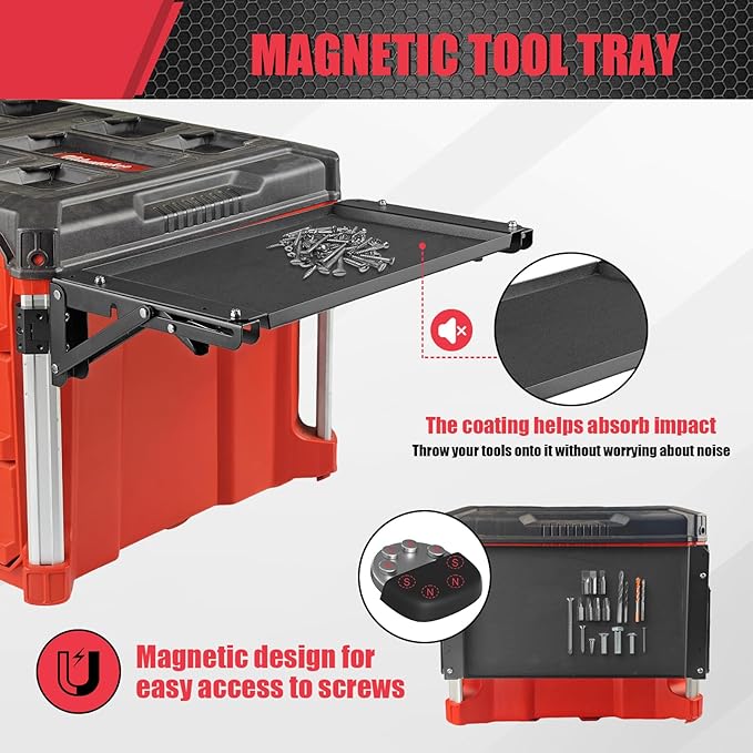 Folding Magnetic Side Table Compatible with Milwaukee Packout Toolbox – No-Drill Packout Accessories & Organizer with Magnetic Tool Tray