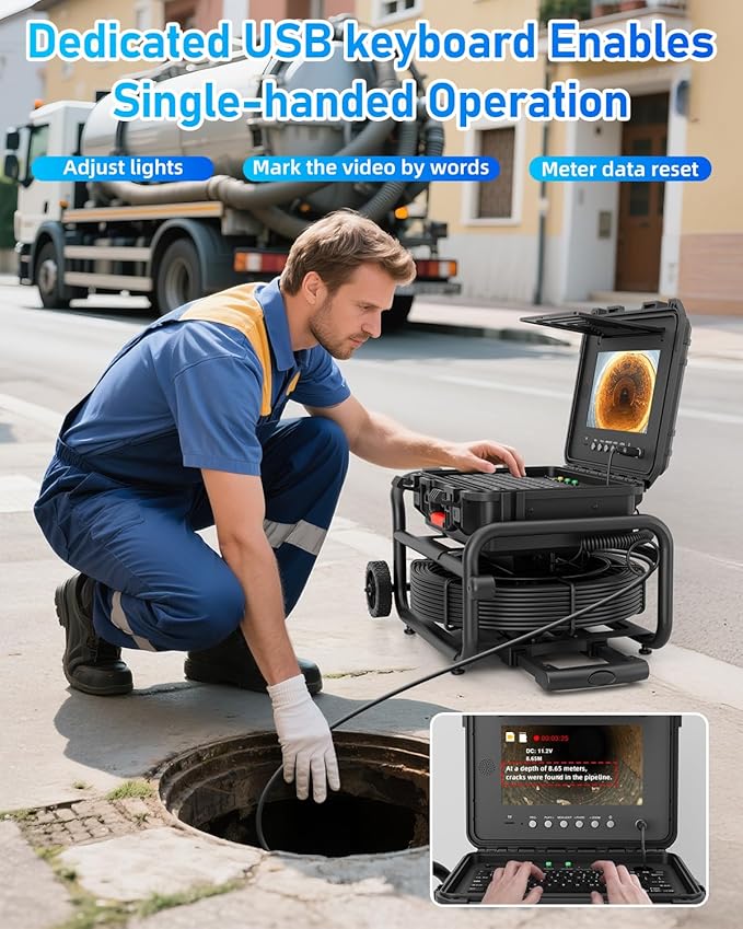 Sanyipace Self-Leveling Sewer Camera 100FT/30M with Wheels and Retractable Handle, Drain Camera with 512Hz Transmitter, Distance Counter, Microphone Speaker Keyboard, 10" Color Screen, 32GB TF Card