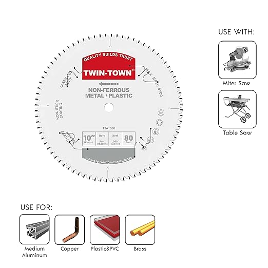 TWIN-TOWN 10-Inch 80 Tooth TCG Aluminum Cutting Saw Blade for Miter/Table Saws - Precision Circular Saw Blades for Aluminum, Plastics, Non-Ferrous Metals with 5/8" Arbor