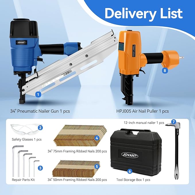 Pneumatic Framing Nailer and Nail Puller,Pneumatic Power Tool Combo Kit with 400 Paper Collated Nails,2-In-1 Pro Preferred Brand of Pneumatic Nailer Gun and Nail Puller Ideal for Framing