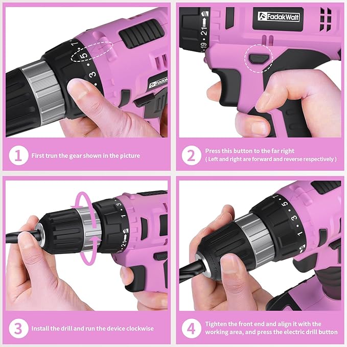 Cordless Drill Set, 20V Electric Power Drill With Battery And Charger, 30N Torque, 21+1 Settings, 3/8-Inch Keyless Chuck, Driver Bits Kit, LED Light (Pink)